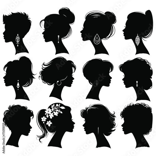 Vintage Barber Shop Logos: Stylish Vector Hairstyles of woman for Your Design. 