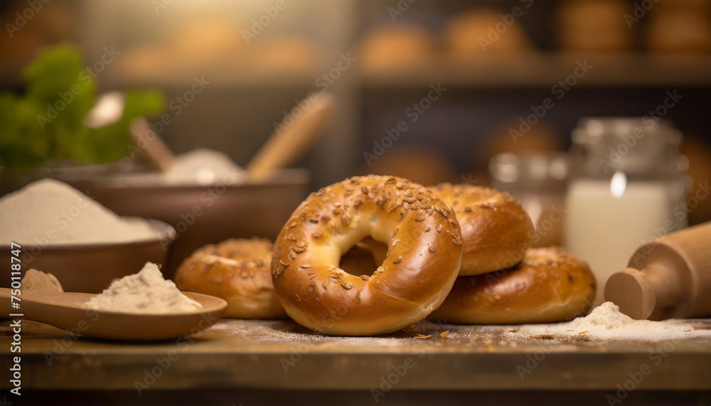 Bagels with baking ingredients. Generative AI