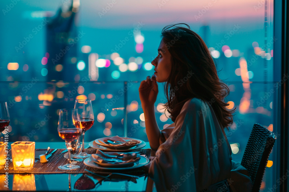 A woman sits in a bar on the roof of a skyscraper against the backdrop of the metropolis. - obrazy, fototapety, plakaty 
