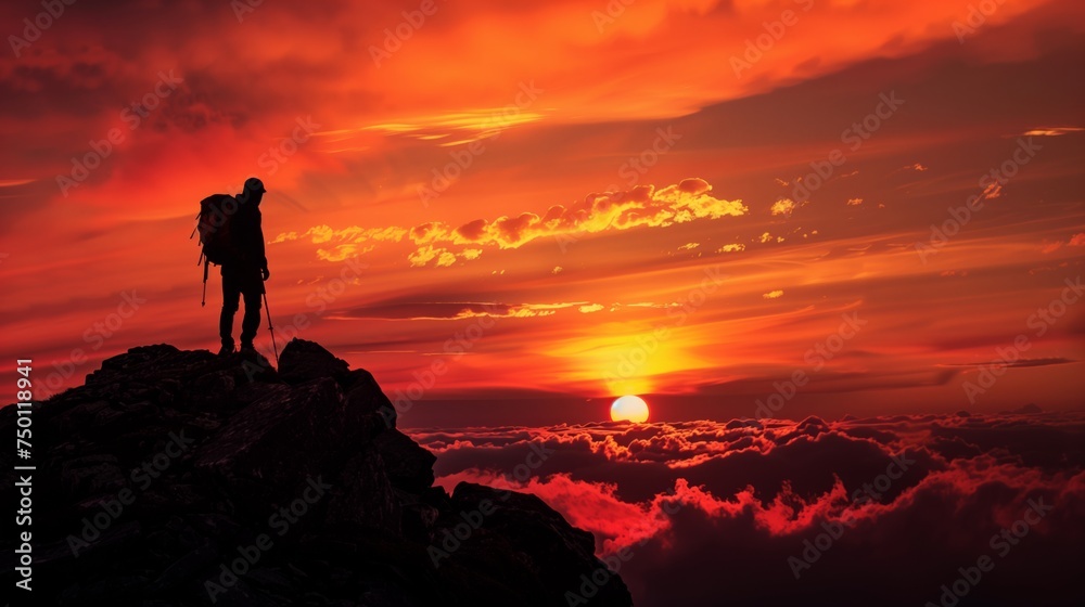  The mountaineer is on the summit contemplating the landscape. man standing on top of a mountain with a backpack on his back and a sunset in the background behind him, with a red sky and orange clouds