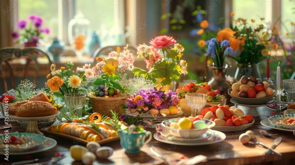A beautifully set Easter brunch table with colorful Easter eggs, fresh flowers, and a delicious spread of festive dishes
