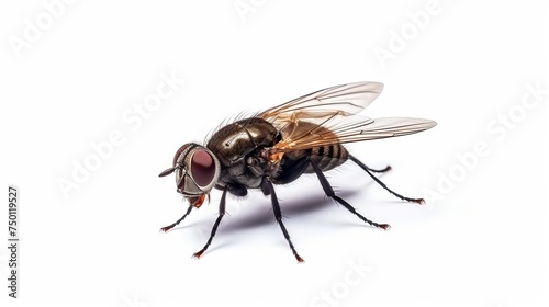 A macro shot captures a fly against a white background, offering a close-up view of the live insect.
