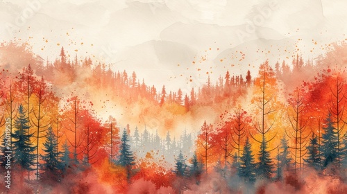Vibrant Autumn Watercolor Forest Landscape Generative AI