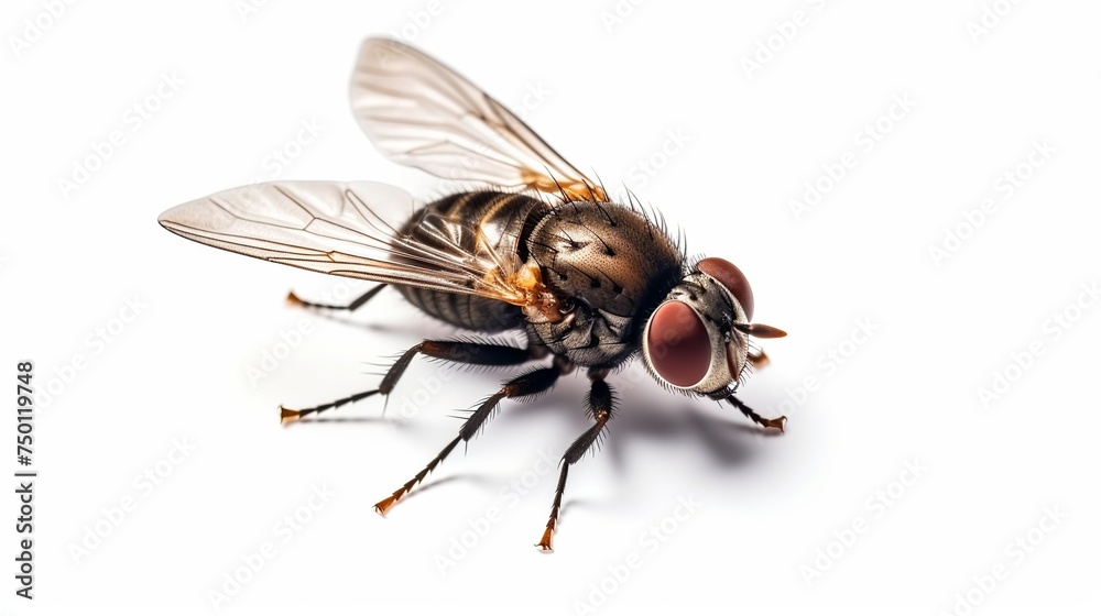 A macro shot captures a fly against a white background, offering a close-up view of the live insect. A macro shot captures a fly against a white background, offering a close-up view of the live insect.