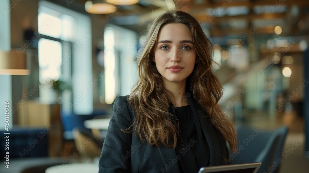 A woman standing in a lobby, making eye contact with the camera A woman standing in a lobby, making eye contact with the camera