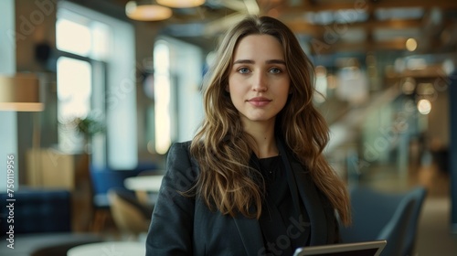 A woman standing in a lobby, making eye contact with the camera