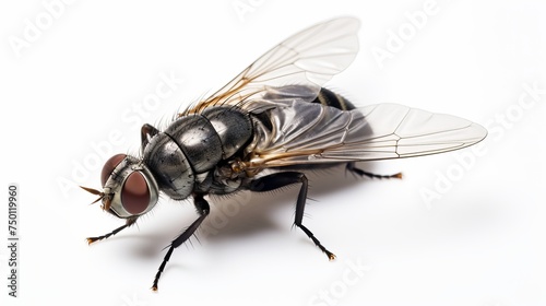 A macro shot captures a fly against a white background, offering a close-up view of the live insect. © Shabnam
