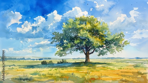 Watercolor Painting of Lush Tree in Vast Grass Field and Clear Blue Sky Generative AI