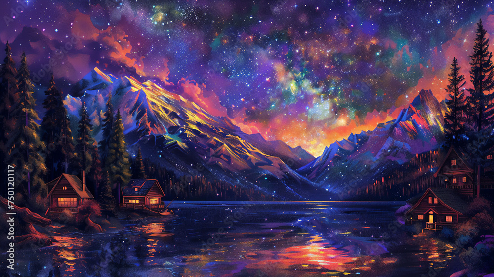 Milky way view over pines, snow-capped mountains and a village of log cabins by a lake, bright colors, luminescent. Generative AI