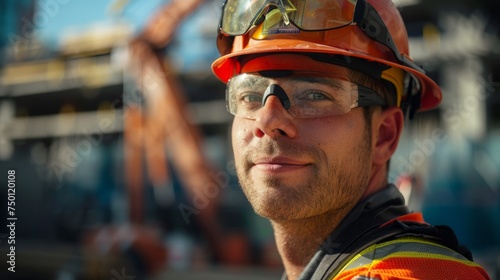 A man wearing a hard hat and safety glasses at a construction site, demonstrating personal protective equipment usage in a hazardous workplace environment photo