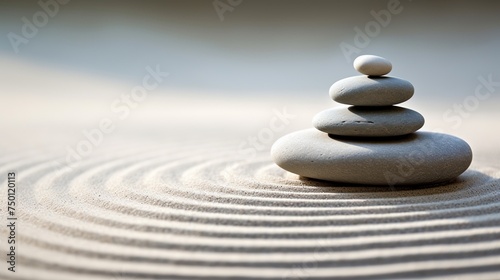 A macro lens shot captures a Japanese zen garden meditation stone  symbolizing concentration and relaxation  with sand and rocks creating harmony and balance in pure simplicity.