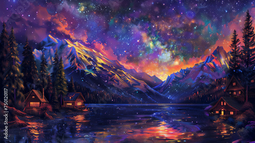 Milky way view over pines, snow-capped mountains and a village of log cabins by a lake, bright colors, luminescent. Generative AI