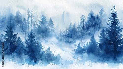 Frosty Winter Taiga: A Foggy Forest Landscape Generative AI photo