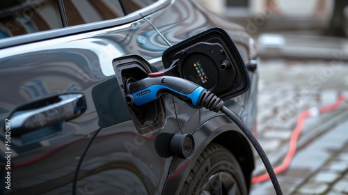 An electric car plugged into a charging station to recharge its battery