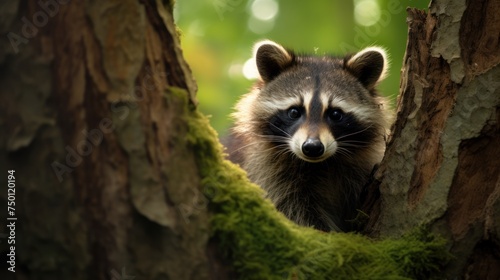 Witness the allure of the woodland through the eyes of a raccoon, its furry coat blending seamlessly with the summer foliage, a masterpiece of nature.