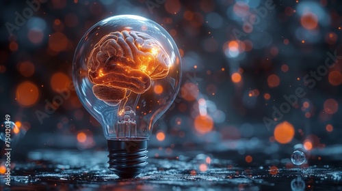 Conceptual Symbol of Idea and Insight: Glowing Human Brain in Light Bulb Generative AI