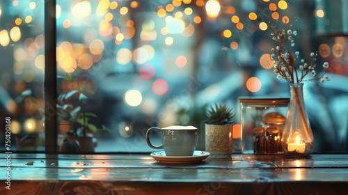 A cup of coffee sits on a wooden table in front of a window, with sunlight streaming in