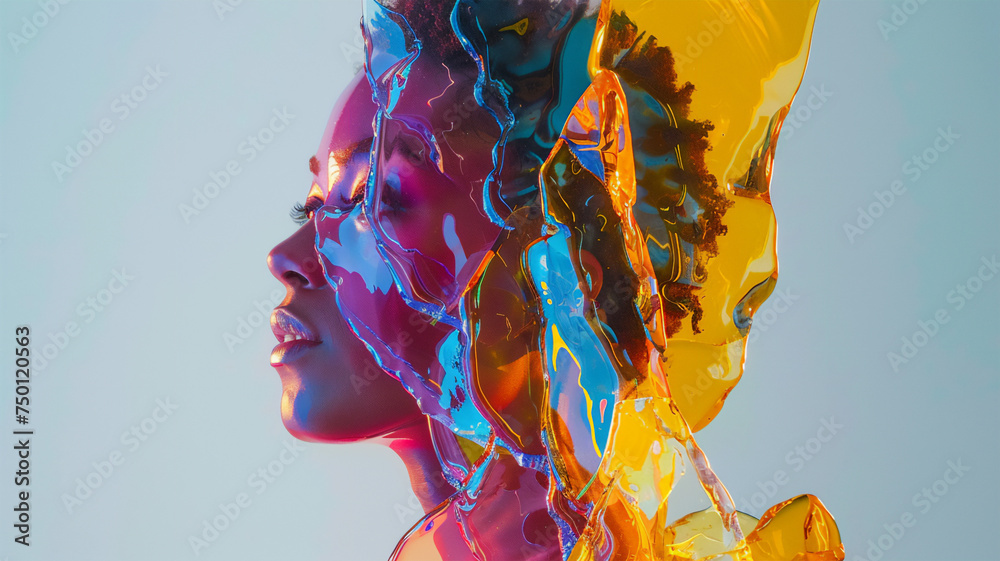 A woman made of vivid, colorful, melting transparent glass, geometric shape design. - obrazy, fototapety, plakaty 