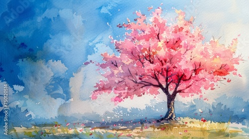 Cherry Blossom Tree in Watercolor Painting Generative AI