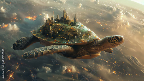 A turtle spaceship with city on the shell floats on Earth's orbit. Generative AI