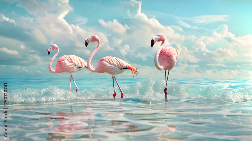 Fototapeta premium Pink Flamingos Walking on the Beach at Sunset - Realistic 3D of three pink flamingos walking in the ocean at sunset creating a serene and exotic vibe