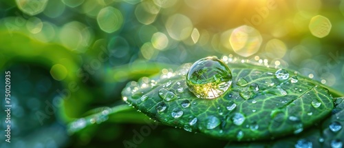 A crystal clear dewdrop sits delicately on a vibrant green leaf, magnifying the intricate network of veins below. The droplet, surrounded by smaller beads of water, creates a microcosm of life and pur