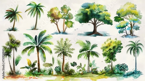 Hand-Painted Watercolor Tropical Tree and Bush Landscape Generative AI