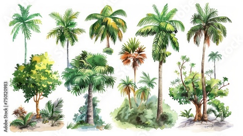 Hand-Painted Watercolor Tropical Tree and Bush Landscape Generative AI