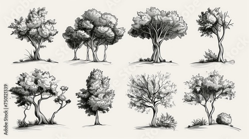 Hand-Drawn Set of Tree Sketches for Landscape Design Illustration Generative AI