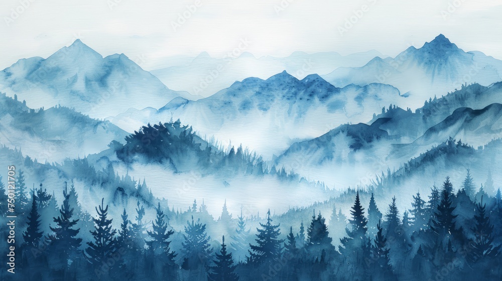 Foggy Watercolor Landscape with Mountains, Hills, and Trees Generative AI