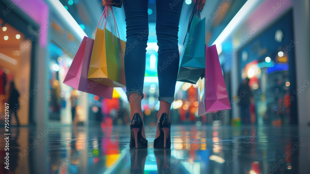 woman is seen from behind walking away from the camera, holding multiple colorful shopping bags. - obrazy, fototapety, plakaty 