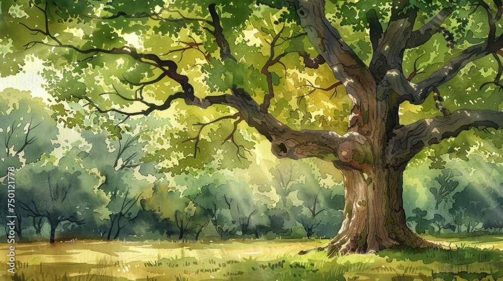 Fototapeta premium Watercolor Oak Tree in Lush Forest Generative AI