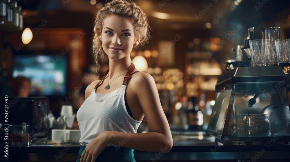 Behind the cafe counter, the charming blonde barista exudes warmth, creativity and professionalism - the perfect combination for a thriving business. - obrazy, fototapety, plakaty 