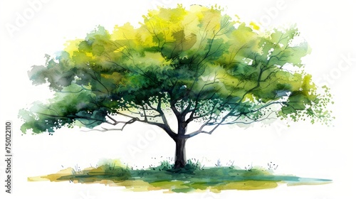 Isolated Green Tree Watercolor Illustration on White Background Generative AI