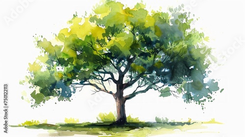 Hand-Painted Green Summer Tree Watercolor Art Generative AI