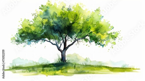 Hand-Painted Green Summer Tree Watercolor Art Generative AI