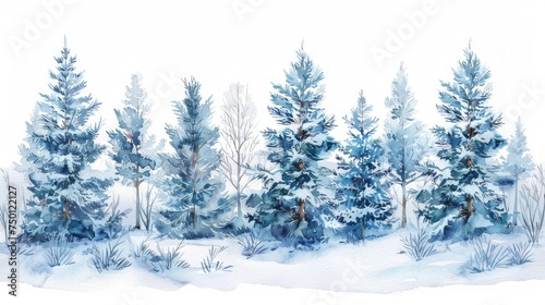 Snow-Covered Spruces Watercolor Illustration Generative AI