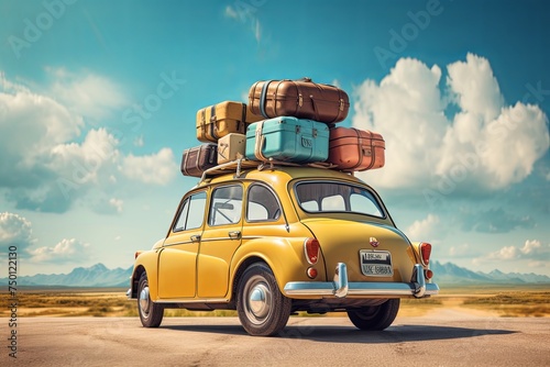 Summer holiday vacation Small retro car baggage and luggage on the rooftop with beach sky background
