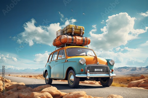 Summer holiday vacation Small retro car baggage and luggage on the rooftop with beach sky background