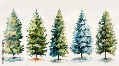 Hand Drawn Watercolor Christmas Tree Set Generative AI