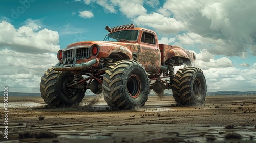 Rusty vintage monster truck speeding in a barren desert