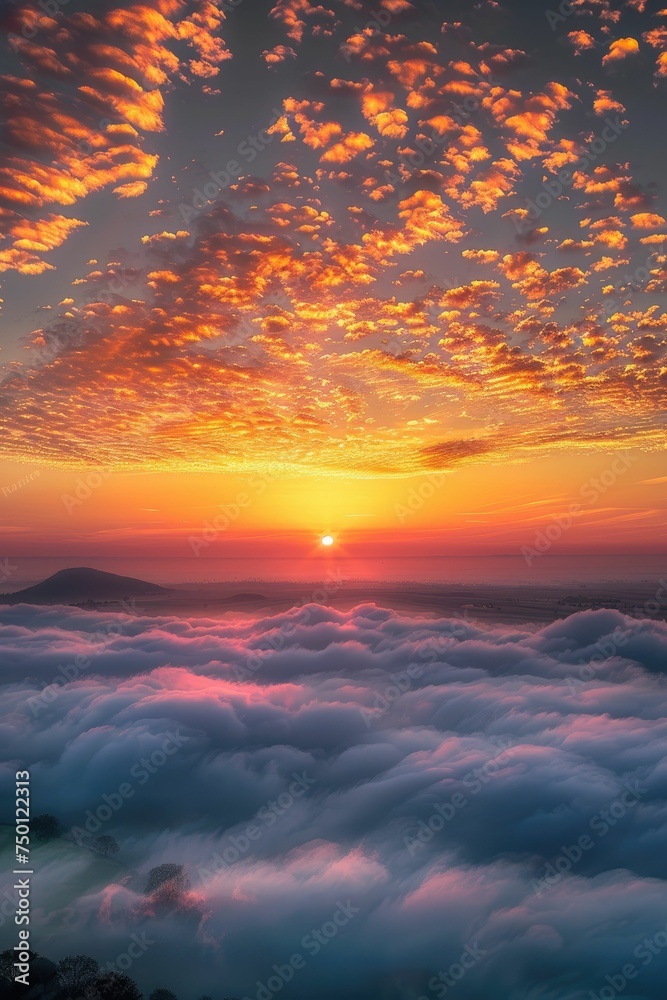 Breathtaking sunset over a sea of clouds with vibrant orange sky