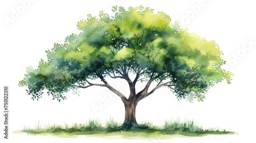 Lush Green Summer Tree Watercolor Illustration Generative AI