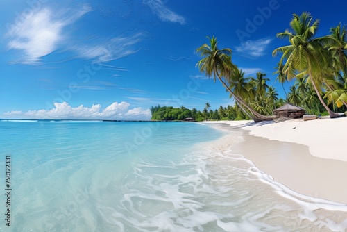 Summer holiday vacation and sunny tropical beach with island sea in sky background