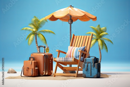 Summer holiday vacation with Deck chair sitting Beach umbrella and coconut tree background