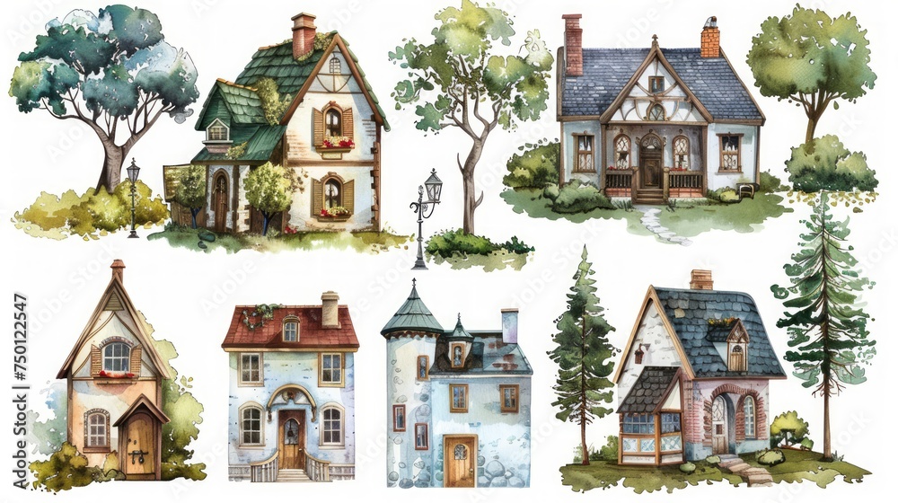 Hand-drawn Watercolor Collection of Isolated Cottages and Old Buildings with Trees and Lamps Generative AI