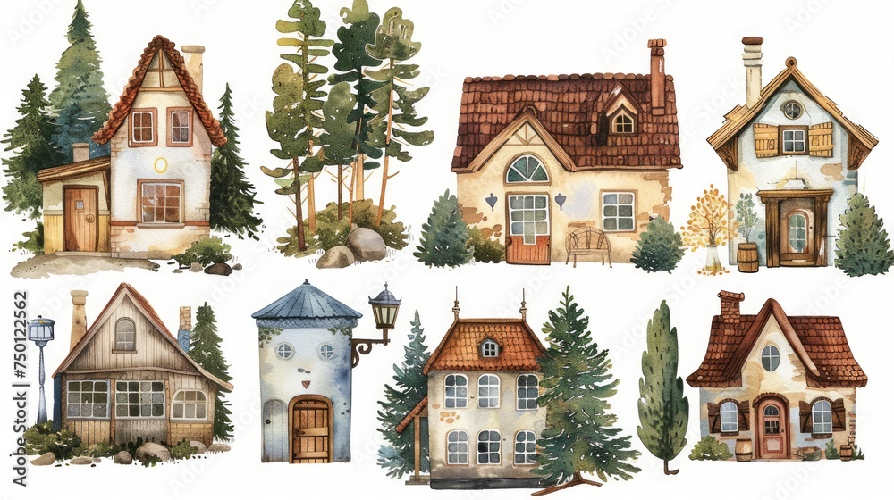 Hand-drawn Watercolor Collection of Isolated Cottages and Old Buildings with Trees and Lamps Generative AI