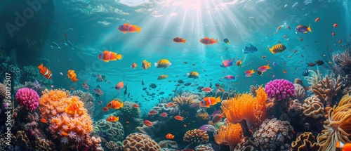 A dazzling underwater scape teeming with life, highlighted by the sun's rays piercing through the water. Vibrant coral formations create a bustling habitat for a variety of tropical fish © Nakarin