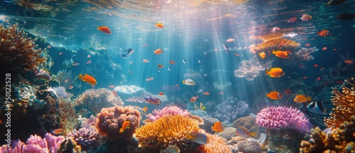 A dazzling underwater scape teeming with life, highlighted by the sun's rays piercing through the water. Vibrant coral formations create a bustling habitat for a variety of tropical fish © Nakarin