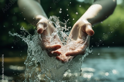 Closeup of woman s hand holding splash of clean water